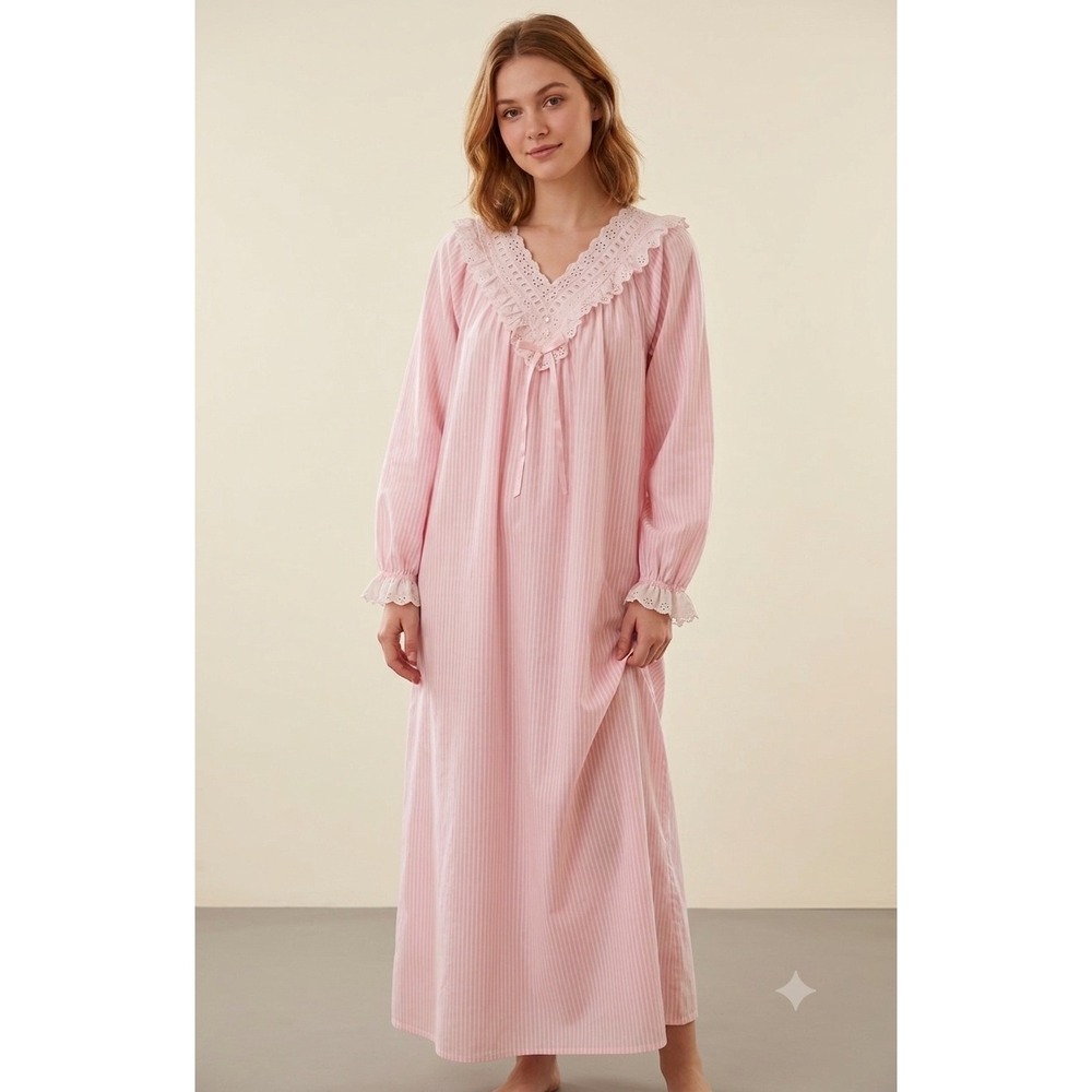 Vtg Donna Richard Gilligan O'Malley Pink Pinstripe Eyelet Lace Nightgown Cottage